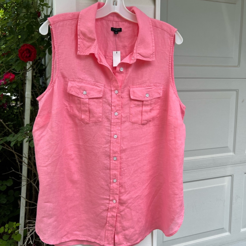 NWT Talbots Pretty Pink 100% Linen Pocket Front Sleeveless Blouse